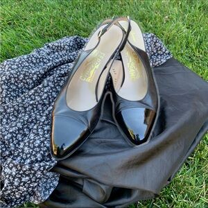 Salvatore Ferragamo Black Patent Cap Toe Leather Slingback Heels
